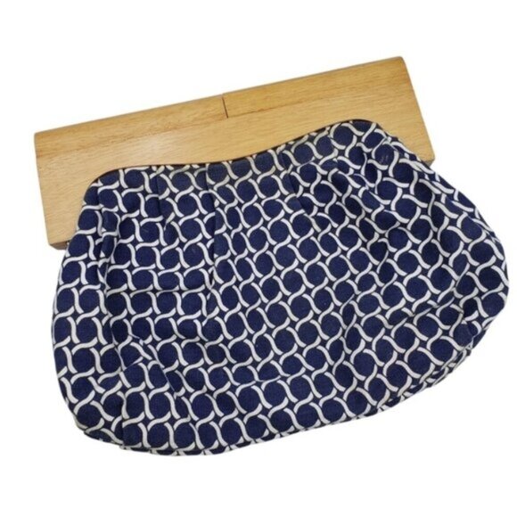 Old Navy Retro Style Wood handle Clutch Navy Blue Off White - Picture 1 of 15